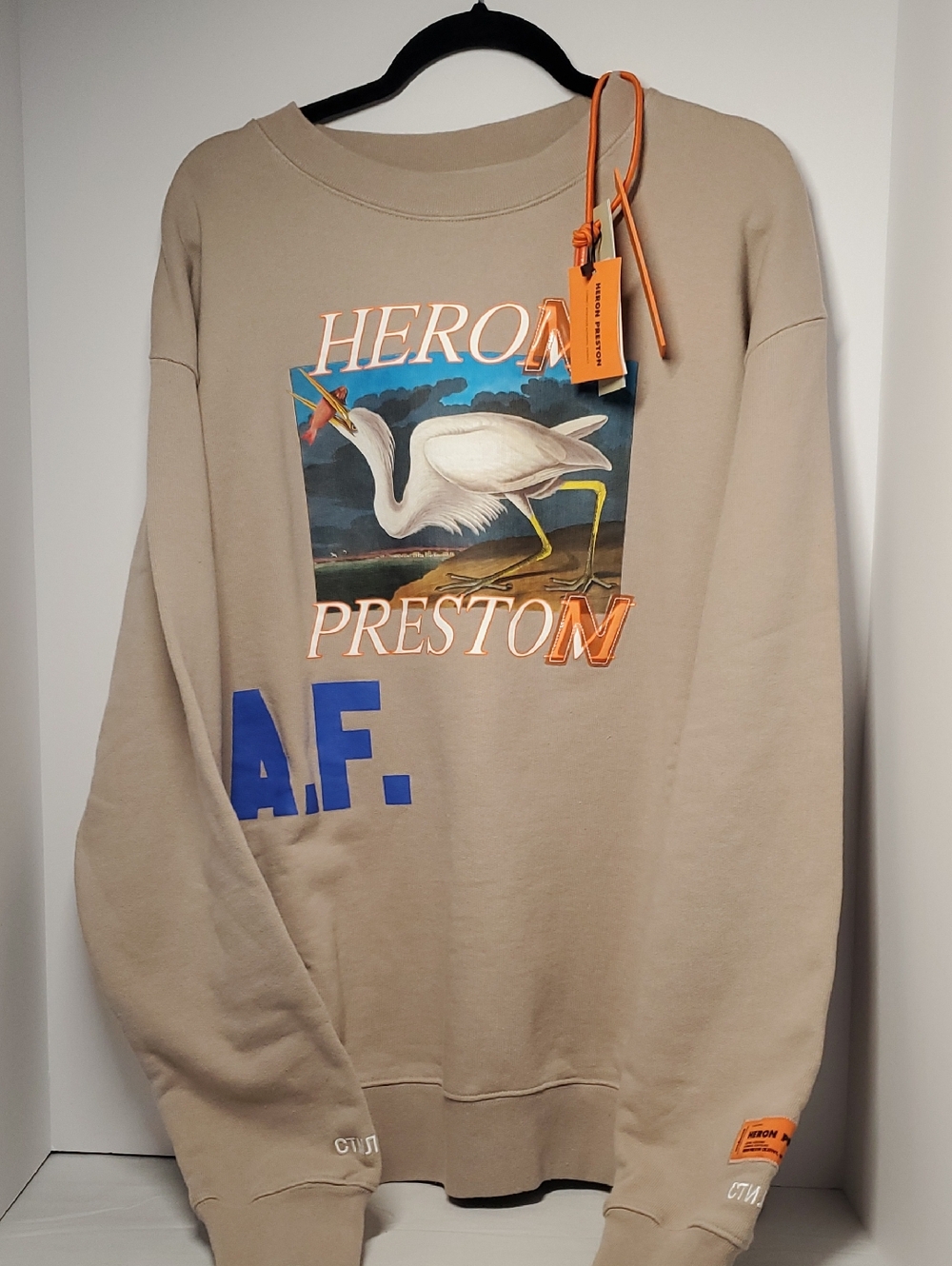 Authentic Heron Preston A.F.Beige Crewneck Sweatshirt with Blue & Orange Graphic